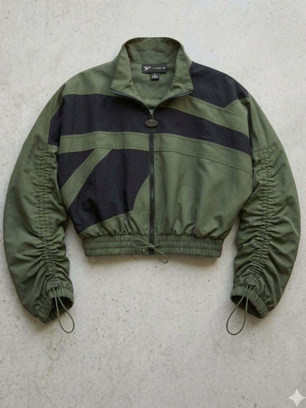 Cropped Olive & Black Panel Bomber Jacket